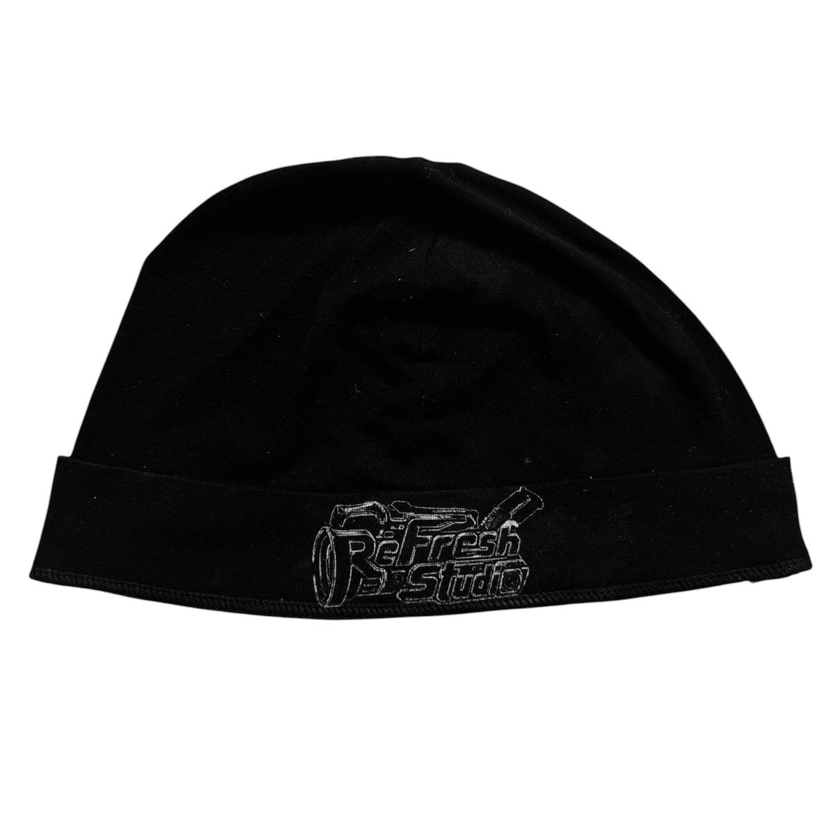 ReFresh Studio black skull cap with white graphic logo, made from lightweight moisture-wicking athletic fabric.